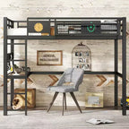 Lit mezzanine en métal Bellemave avec bureau et panneau perforé, horloge et station de charge intégrées, panier de rangement, cadre moderne peu encombrant, tailles Twin XL et Full