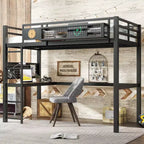 Lit mezzanine en métal Bellemave avec bureau et panneau perforé, horloge et station de charge intégrées, panier de rangement, cadre moderne peu encombrant, tailles Twin XL et Full