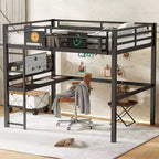 Lit mezzanine en métal Bellemave avec bureau et panneau perforé, horloge et station de charge intégrées, panier de rangement, cadre moderne peu encombrant, tailles Twin XL et Full