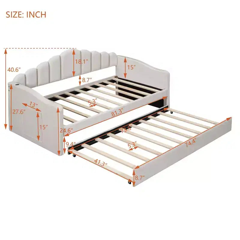 Lit de repos double en velours Luxystar avec lit gigogne et ports de charge
