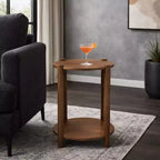 Table d'appoint et de bout ronde élégante pour petits espaces - Base en bois de manguier avec étagère inférieure pour la décoration de chambre et de salon - 22, Beige & Marron