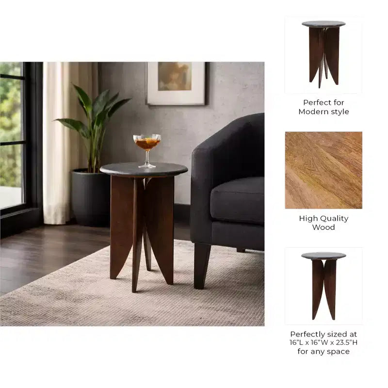 Base en bois de manguier et plateau en pierre pour les petits espaces - Table d'appoint et de bout ronde pour le salon, la chambre et la décoration de la maison - 24, Noir et Marron