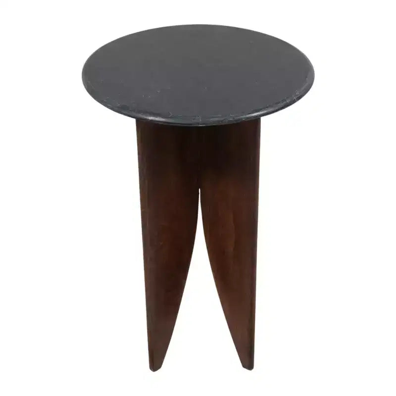 Base en bois de manguier et plateau en pierre pour les petits espaces - Table d'appoint et de bout ronde pour le salon, la chambre et la décoration de la maison - 24, Noir et Marron