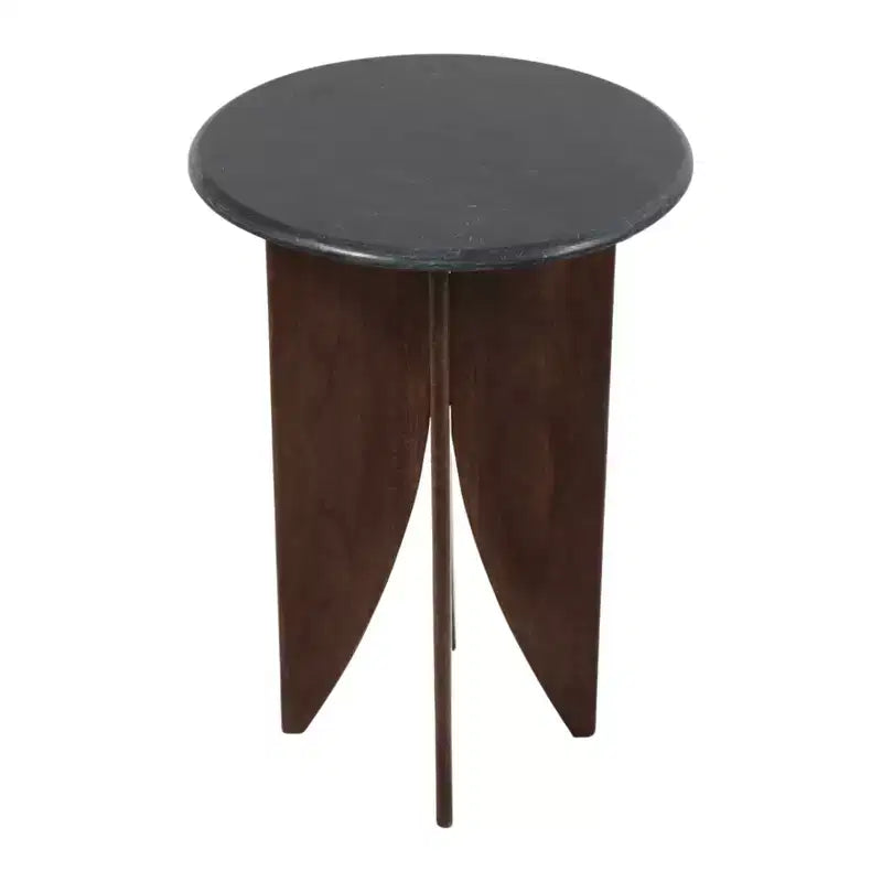 Base en bois de manguier et plateau en pierre pour les petits espaces - Table d'appoint et de bout ronde pour le salon, la chambre et la décoration de la maison - 24, Noir et Marron