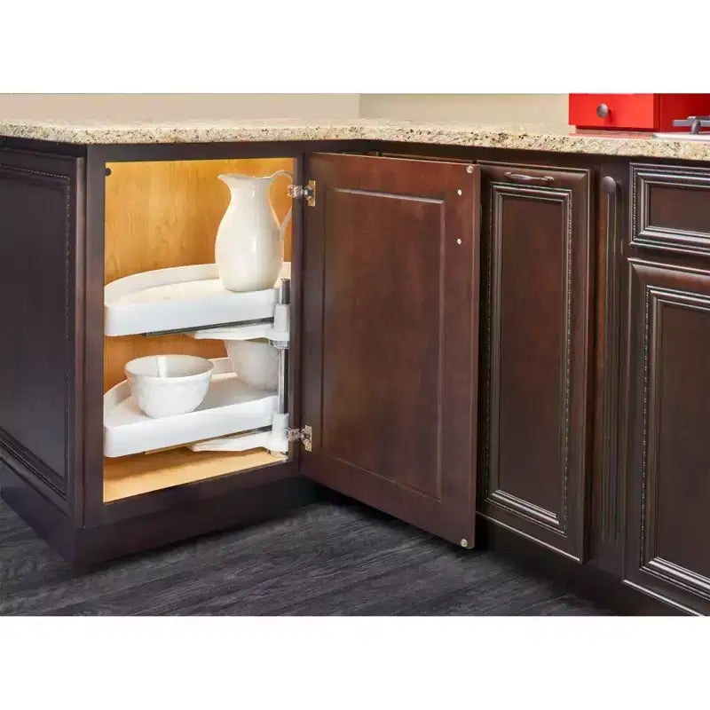 Rev-A-Shelf 31 Tablettes coulissantes demi-lune pour armoires d'angle aveugles de cuisine/salle de bain, organiseur coulissant à 2 tablettes avec quincaillerie, blanc, 6882-31-11-570