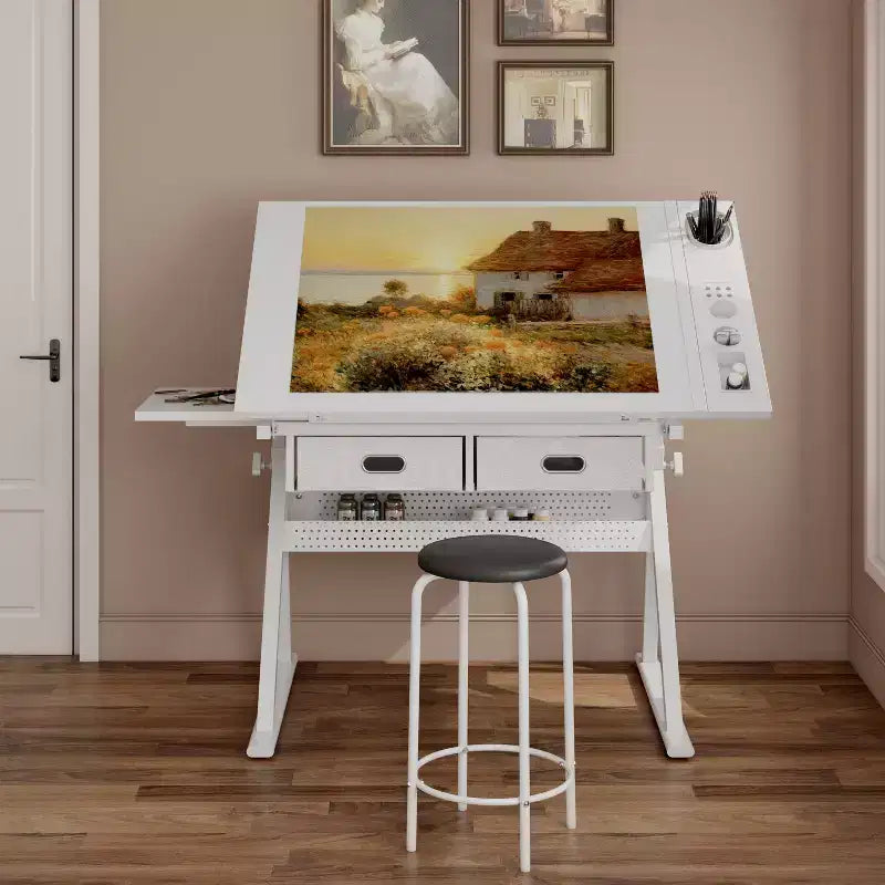JVNOXK Bureau de dessin réglable avec 2 tiroirs pour la maison, le bureau et l'école avec tabouret (tout blanc)