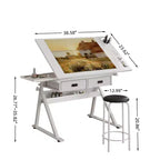 JVNOXK Bureau de dessin réglable avec 2 tiroirs pour la maison, le bureau et l'école avec tabouret (tout blanc)