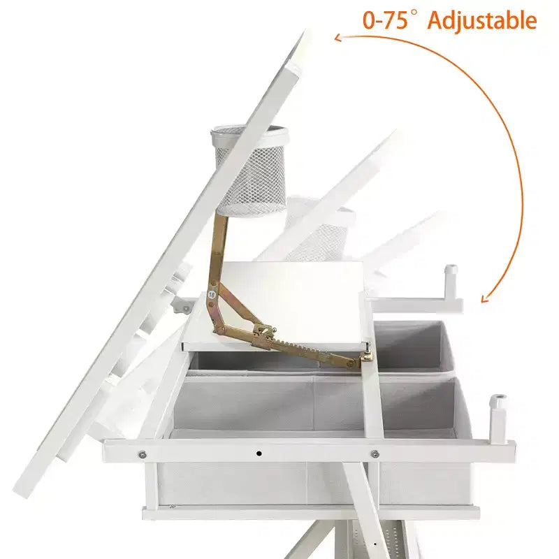 JVNOXK Bureau de dessin réglable avec 2 tiroirs pour la maison, le bureau et l'école avec tabouret (tout blanc)