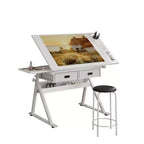 JVNOXK Bureau de dessin réglable avec 2 tiroirs pour la maison, le bureau et l'école avec tabouret (tout blanc)