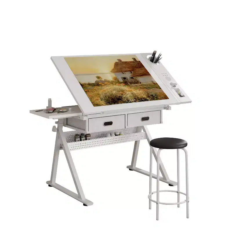 JVNOXK Bureau de dessin réglable avec 2 tiroirs pour la maison, le bureau et l'école avec tabouret (tout blanc)