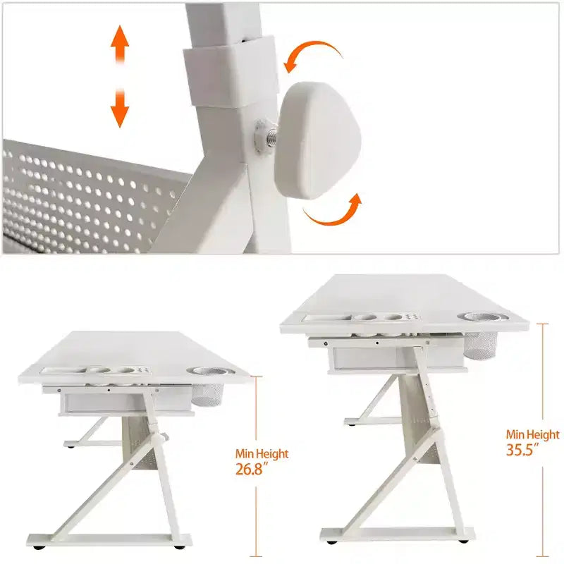 JVNOXK Bureau de dessin réglable avec 2 tiroirs pour la maison, le bureau et l'école avec tabouret (tout blanc)