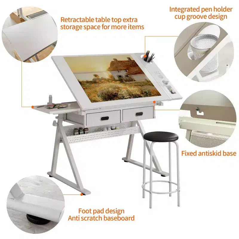 JVNOXK Bureau de dessin réglable avec 2 tiroirs pour la maison, le bureau et l'école avec tabouret (tout blanc)