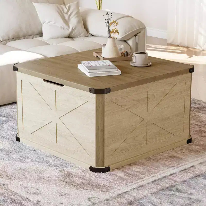 TYBOATLE 32 Farmhouse Coffee Table with Storage, Wood Lift Top Toy Chest & Blanket Trunk, Rustic Square Center Table for Living Room, Brown