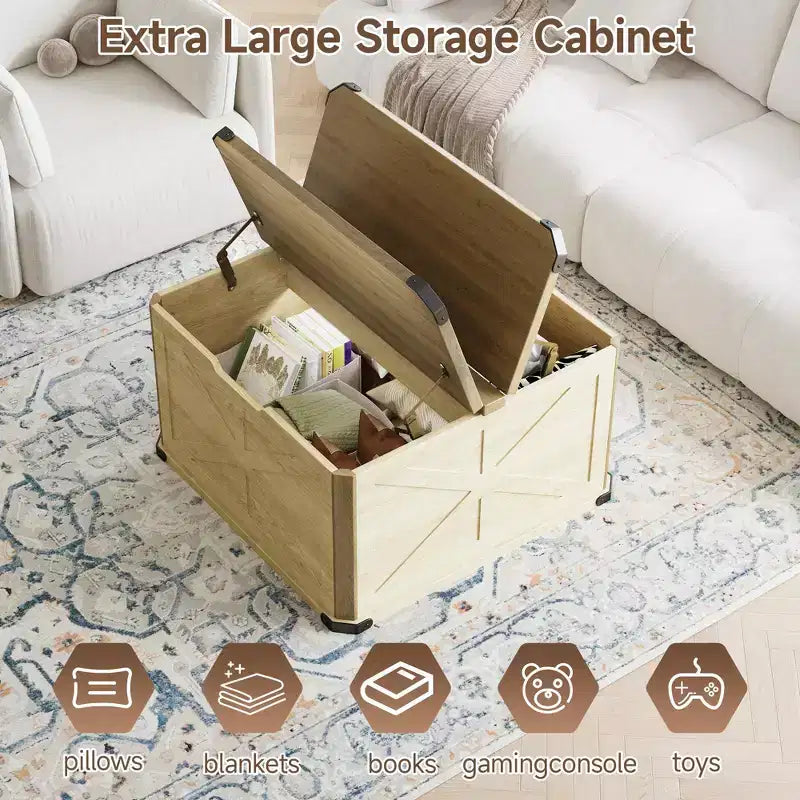 TYBOATLE 32 Table basse de ferme avec rangement, coffre à jouets et malle à couvertures en bois avec plateau relevable, table basse carrée rustique pour salon, marron