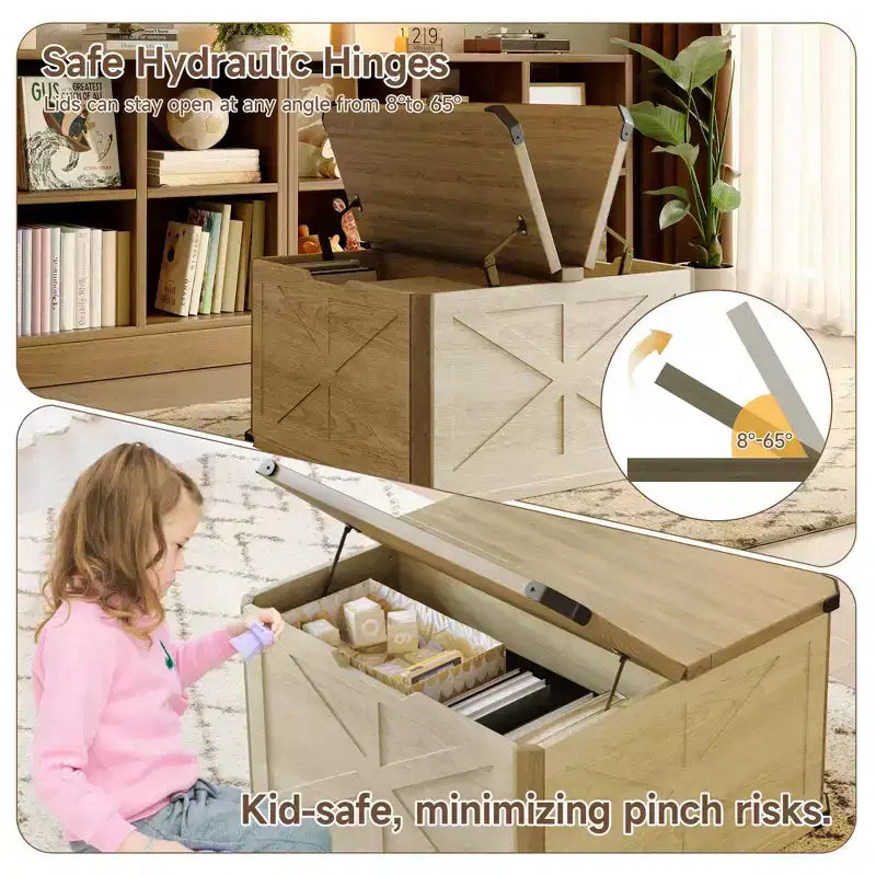 TYBOATLE 32 Table basse de ferme avec rangement, coffre à jouets et malle à couvertures en bois avec plateau relevable, table basse carrée rustique pour salon, marron