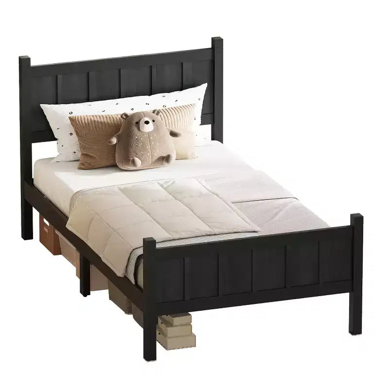 Cadre de lit double/grand lit/très grand lit avec tête de lit et pied de lit, lit plateforme de style ferme, support à lattes en bois, noyer - ModernLuxe