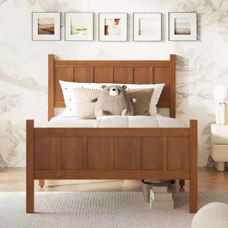 Cadre de lit double/grand lit/très grand lit avec tête de lit et pied de lit, lit plateforme de style ferme, support à lattes en bois, noyer - ModernLuxe