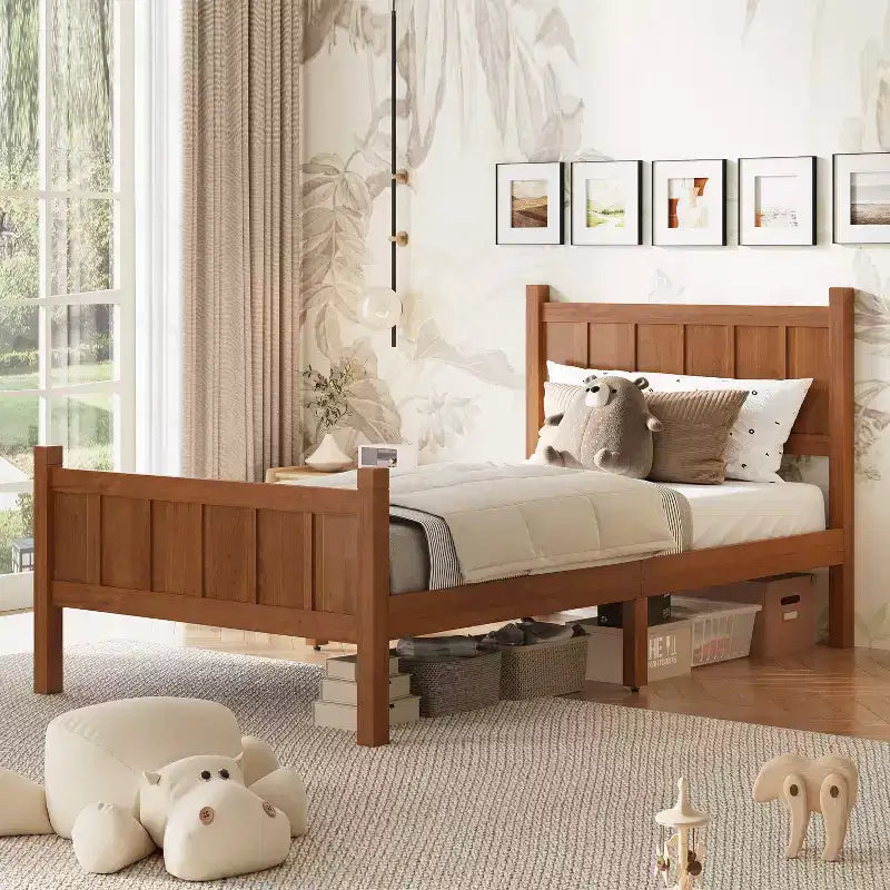 Cadre de lit double/grand lit/très grand lit avec tête de lit et pied de lit, lit plateforme de style ferme, support à lattes en bois, noyer - ModernLuxe