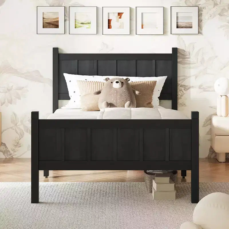 Cadre de lit double/grand lit/très grand lit avec tête de lit et pied de lit, lit plateforme de style ferme, support à lattes en bois, noyer - ModernLuxe