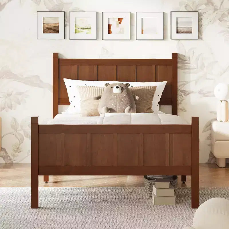 Cadre de lit double/grand lit/très grand lit avec tête de lit et pied de lit, lit plateforme de style ferme, support à lattes en bois, noyer - ModernLuxe