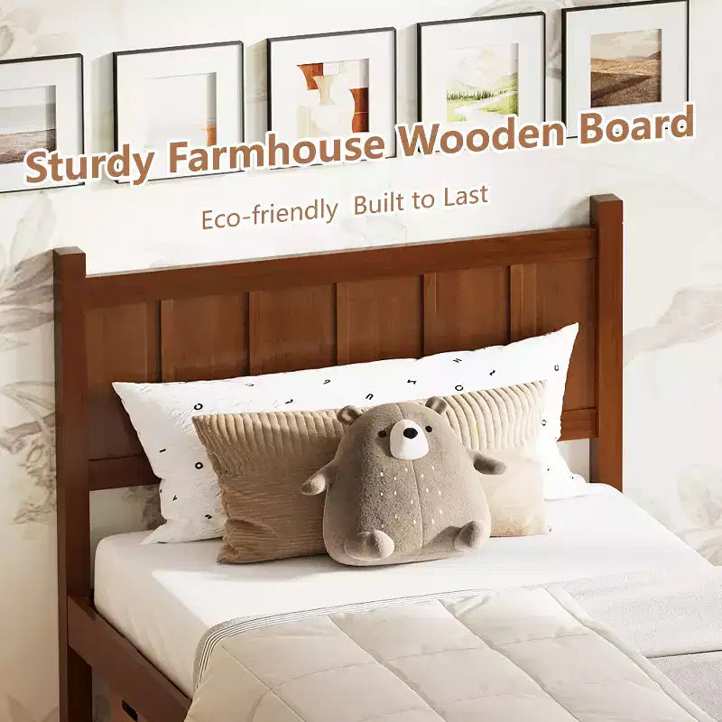 Cadre de lit double/grand lit/très grand lit avec tête de lit et pied de lit, lit plateforme de style ferme, support à lattes en bois, noyer - ModernLuxe