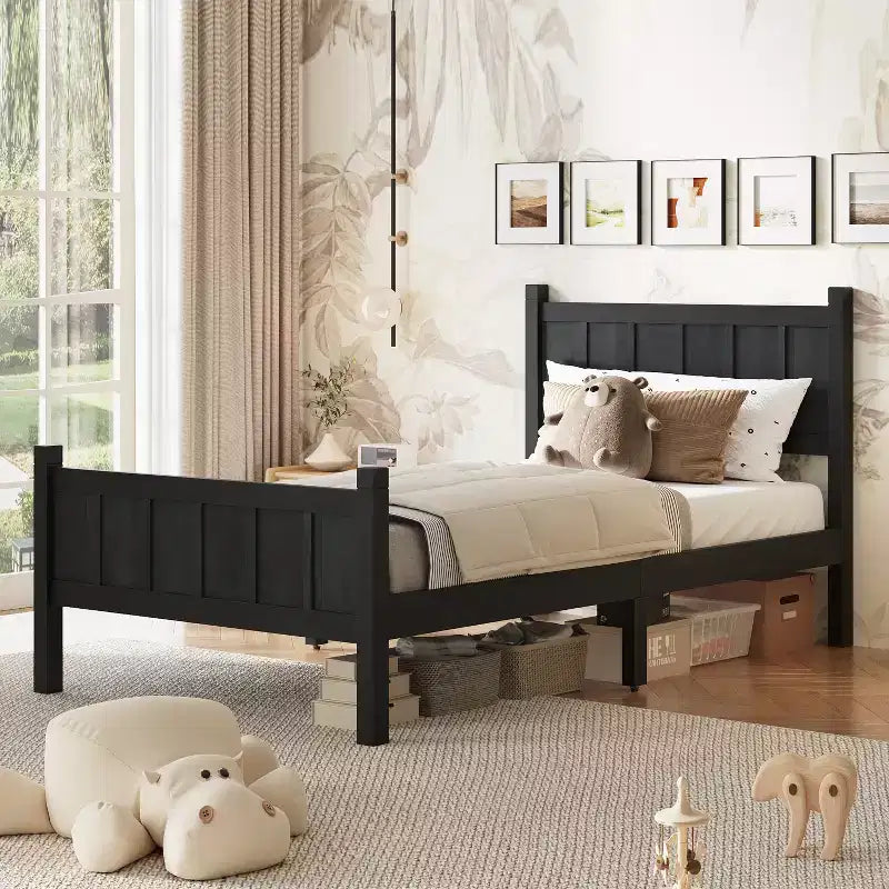 Cadre de lit double/grand lit/très grand lit avec tête de lit et pied de lit, lit plateforme de style ferme, support à lattes en bois, noyer - ModernLuxe