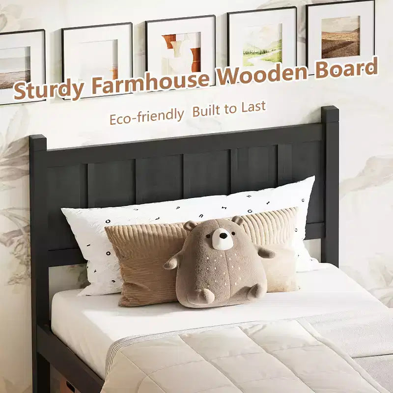Cadre de lit double/grand lit/très grand lit avec tête de lit et pied de lit, lit plateforme de style ferme, support à lattes en bois, noyer - ModernLuxe