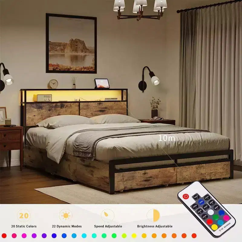 HAUSOURCE Lit plateforme moderne de style industriel Queen avec 4 tiroirs, rangement de tête de lit et prises, construction métallique robuste, marron rustique