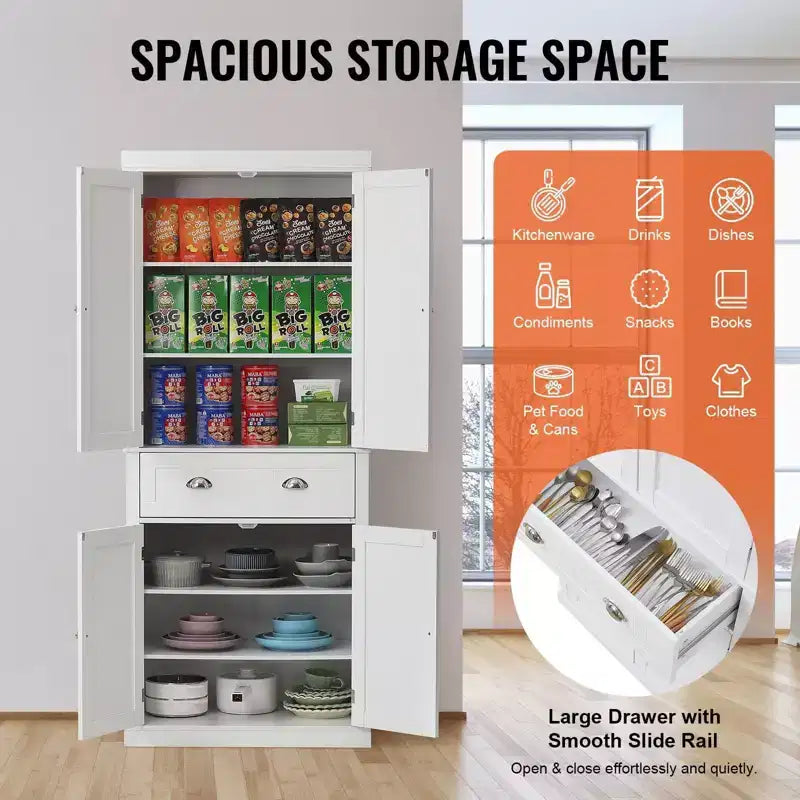 Meuble de Rangement de Cuisine Autonome VIYET 72 avec Portes, Tiroir et 3 Étagères Réglables, Blanc pour Usage Domestique