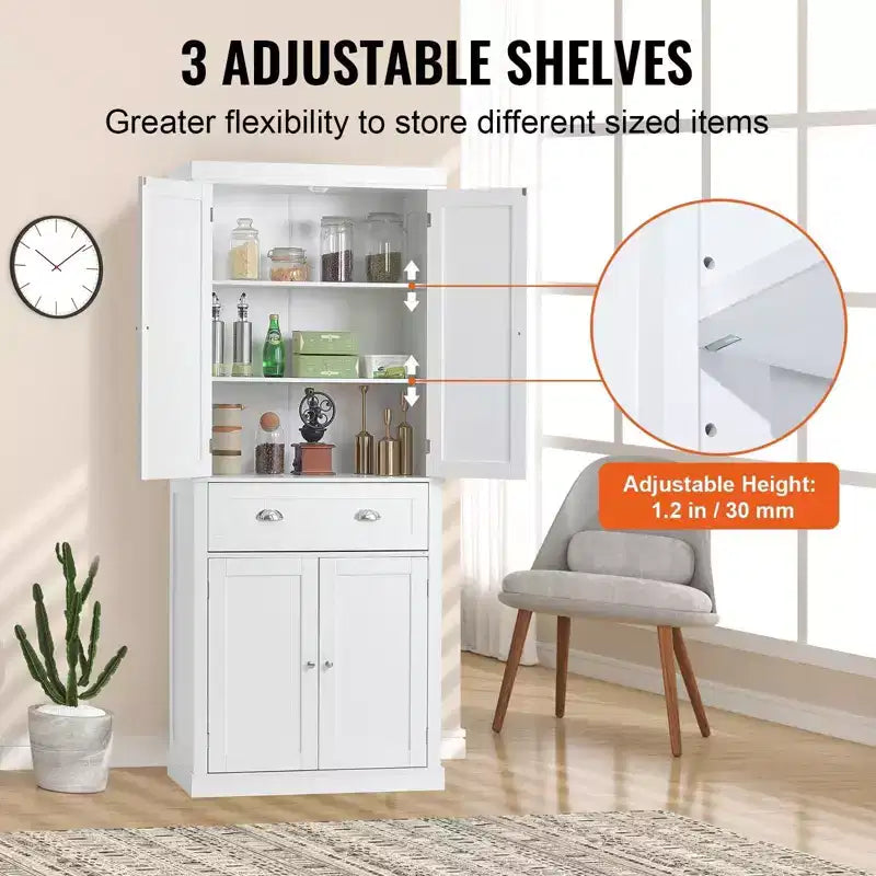 Meuble de Rangement de Cuisine Autonome VIYET 72 avec Portes, Tiroir et 3 Étagères Réglables, Blanc pour Usage Domestique