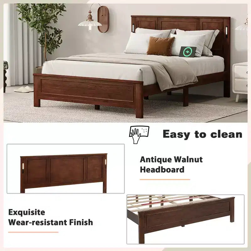 Lit plateforme ModernLuxe Queen/King Size avec tête de lit haute, cadre de lit en bois style ferme avec lumières LED et ports USB