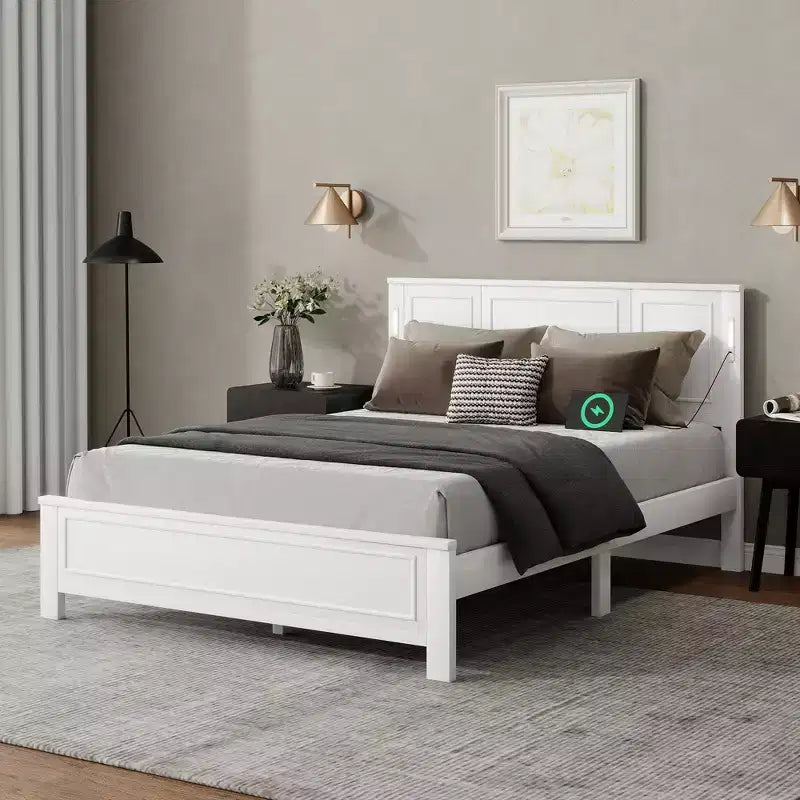Lit plateforme ModernLuxe Queen/King Size avec tête de lit haute, cadre de lit en bois style ferme avec lumières LED et ports USB