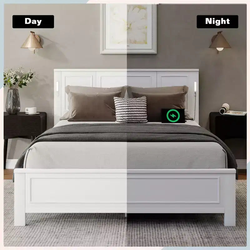 Lit plateforme ModernLuxe Queen/King Size avec tête de lit haute, cadre de lit en bois style ferme avec lumières LED et ports USB