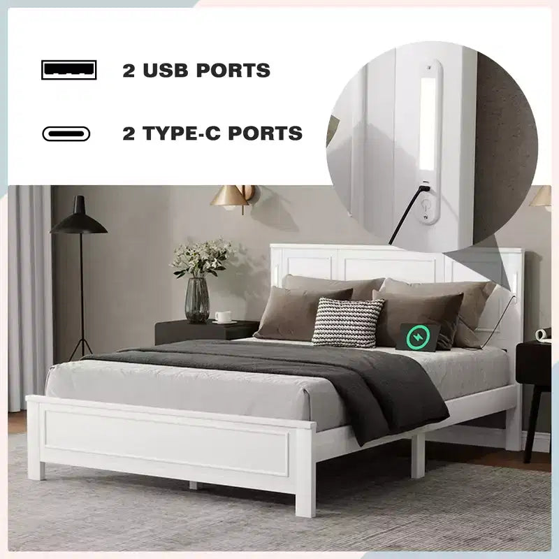 Lit plateforme ModernLuxe Queen/King Size avec tête de lit haute, cadre de lit en bois style ferme avec lumières LED et ports USB