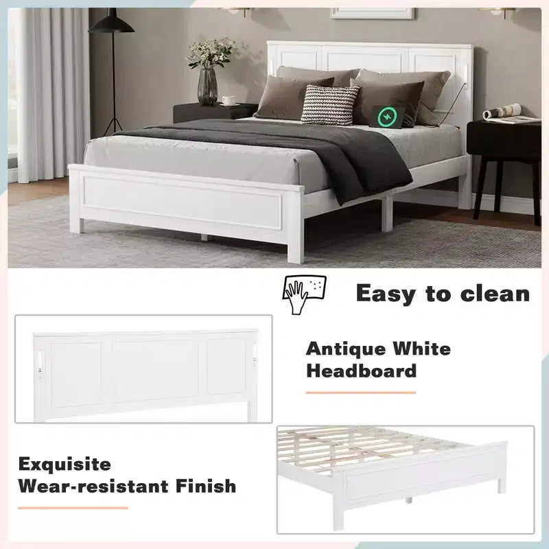 Lit plateforme ModernLuxe Queen/King Size avec tête de lit haute, cadre de lit en bois style ferme avec lumières LED et ports USB