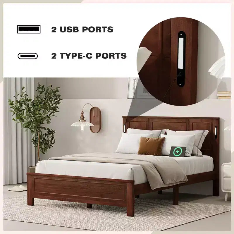 Lit plateforme ModernLuxe Queen/King Size avec tête de lit haute, cadre de lit en bois style ferme avec lumières LED et ports USB