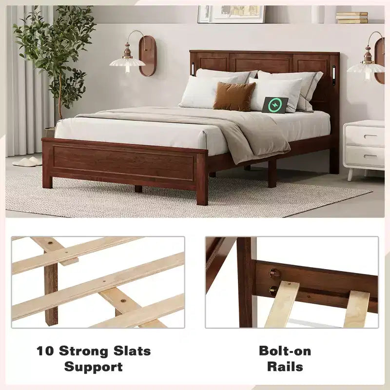 Lit plateforme ModernLuxe Queen/King Size avec tête de lit haute, cadre de lit en bois style ferme avec lumières LED et ports USB
