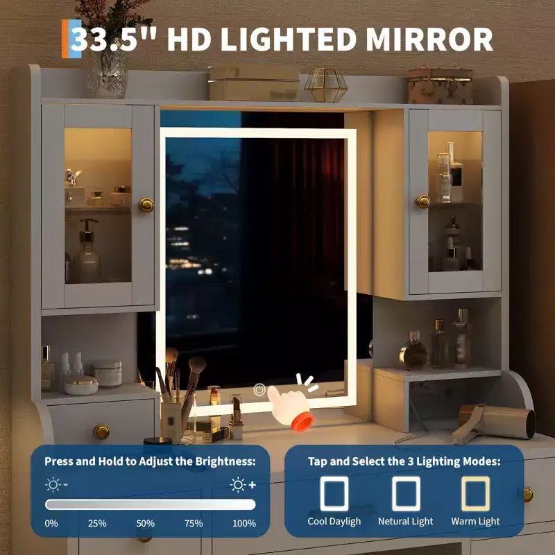Garvee 41 Coiffeuse avec Miroir et Lumières, Coiffeuse de Maquillage avec 6 Tiroirs, Étagères de Rangement, Armoires RGB et 3 Niveaux de Luminosité Réglable pour Femmes Filles