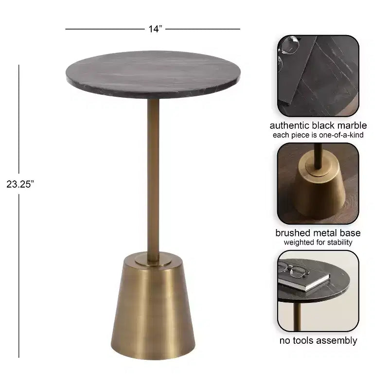 Table d'appoint ronde en marbre et métal Tira de Kate et Laurel, noire, 14x14x24