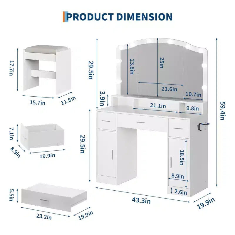 Ensemble table de coiffeuse avec miroir lumineux, table de maquillage avec 3 tiroirs et multiprise pour filles et femmes