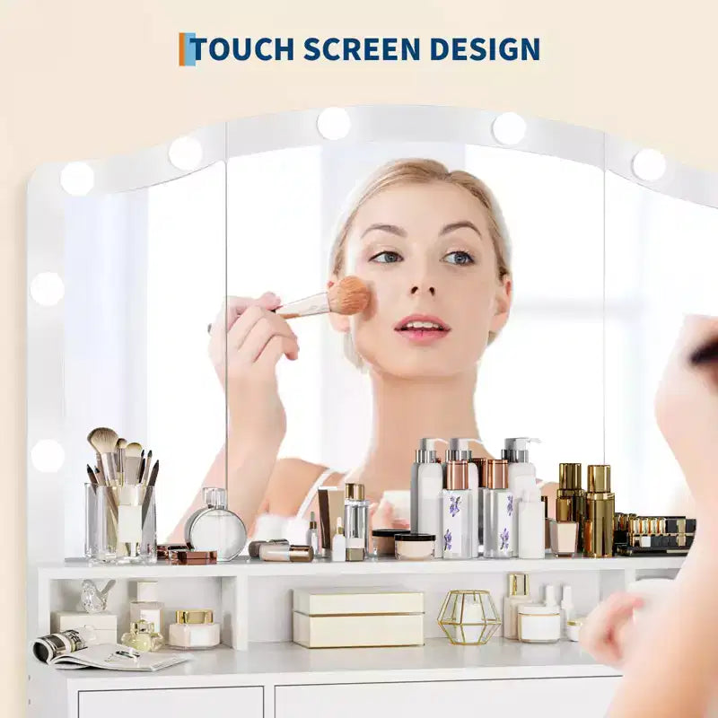 Ensemble table de coiffeuse avec miroir lumineux, table de maquillage avec 3 tiroirs et multiprise pour filles et femmes