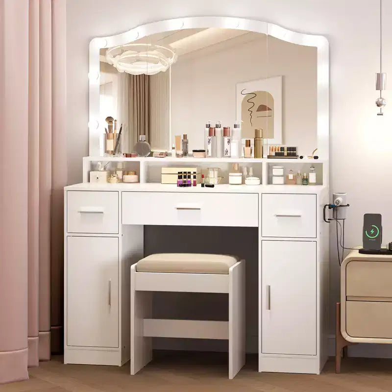 Ensemble table de coiffeuse avec miroir lumineux, table de maquillage avec 3 tiroirs et multiprise pour filles et femmes