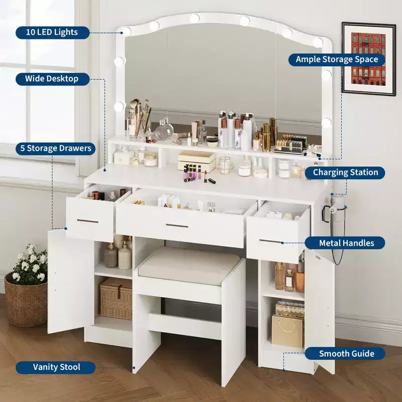 Ensemble table de coiffeuse avec miroir lumineux, table de maquillage avec 3 tiroirs et multiprise pour filles et femmes