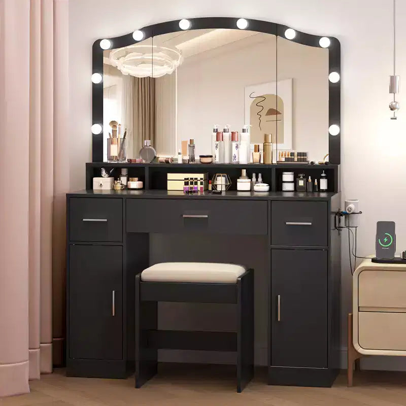 Ensemble table de coiffeuse avec miroir lumineux, table de maquillage avec 3 tiroirs et multiprise pour filles et femmes