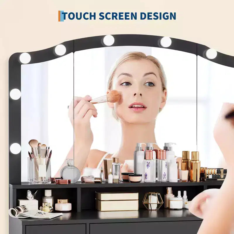 Ensemble table de coiffeuse avec miroir lumineux, table de maquillage avec 3 tiroirs et multiprise pour filles et femmes