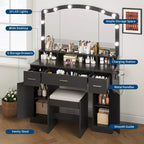 Ensemble table de coiffeuse avec miroir lumineux, table de maquillage avec 3 tiroirs et multiprise pour filles et femmes