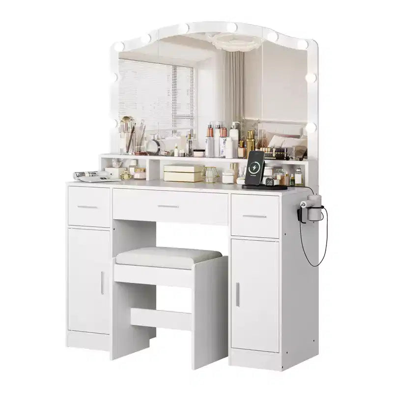 Ensemble table de coiffeuse avec miroir lumineux, table de maquillage avec 3 tiroirs et multiprise pour filles et femmes