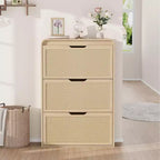 Narrow Rattan Shoe Cabinet with 3 Flip Drawers, Wooden Entryway Shoe Organizer with Adjustable & Removable Shelves, Natural Oak