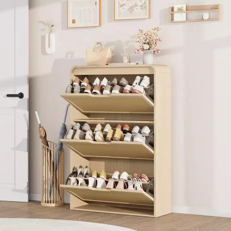 Meuble à chaussures étroit en rotin avec 3 tiroirs basculants, Organisateur de chaussures d'entrée en bois avec étagères réglables et amovibles, Chêne naturel