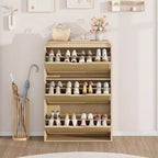 Meuble à chaussures étroit en rotin avec 3 tiroirs basculants, Organisateur de chaussures d'entrée en bois avec étagères réglables et amovibles, Chêne naturel